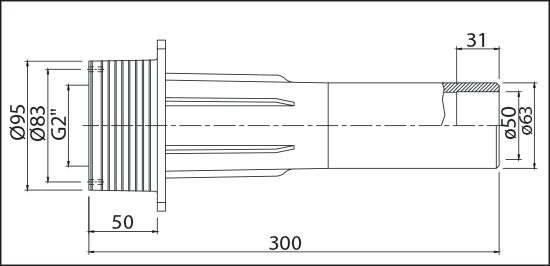 Стеновой проход 30 см, 50/63 мм, для дюз 2, для пленочных бассейнов (с резьбовыми буксами М5 из латуни)