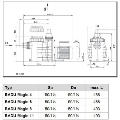 Насос BADU Magic 11, 1 ~ 230 В, 0,70/0,45 кВт чертеж фото